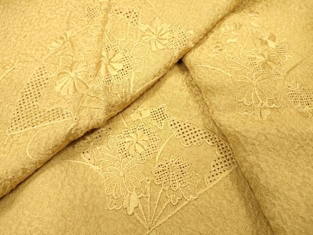 平和屋着物▼中国三大刺繍 スワトウ刺繍 汕頭刺繍 総刺繍 無地絵羽訪問着 扇面花文 芥子色 正絹 逸品 DABH7374fe