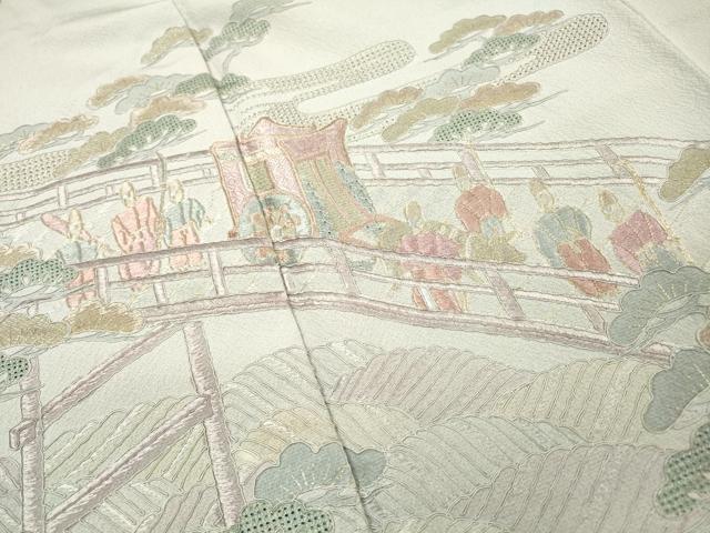 平和屋着物▼中国三大刺繍 スワトウ刺繍 汕頭刺繍 総刺繍 訪問着 渡り橋人物風景文 暈し染 金糸 正絹 逸品 DABH7375fe