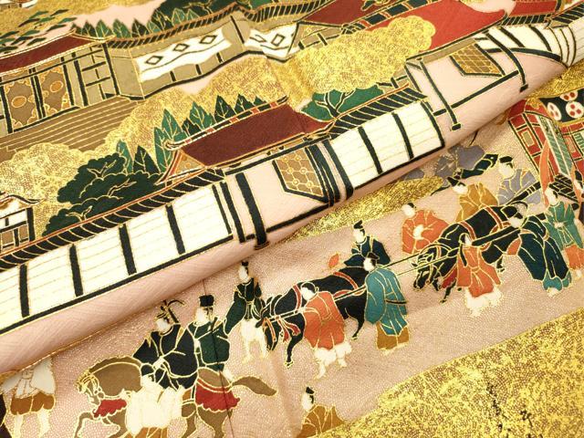 平和屋着物●松尾光琳 色留袖 駒刺繍 人物風景文 雁金本金箔 保証書付き 正絹 逸品 DABH7380fe