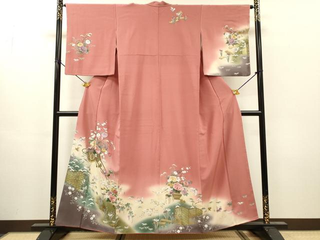 平和屋着物▼訪問着 刺繍 手描き 飛鶴花車文 暈し染 金彩 正絹 逸品 DABH7394fe
