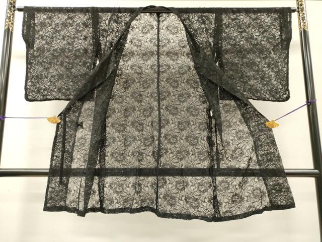 平和屋着物▽道行コート スリーシーズン 春夏秋 塵除け 総レース 草花 黒地 DABH7428fe
