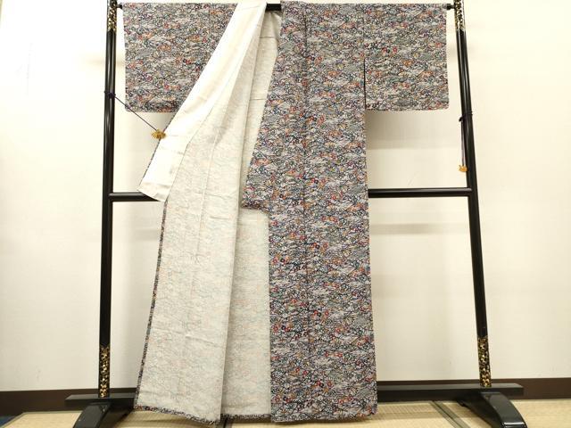 平和屋着物▽上質な小紋 単衣 型染 流水草花 正絹 逸品 未使用 DABH7446fe
