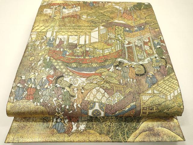 平和屋着物▼全通全景柄袋帯 洛中洛外図 金糸 引箔 正絹 逸品 DABH7484fe