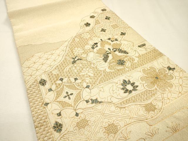 平和屋着物▼中国三大刺繍 スワトウ刺繍 汕頭刺繍 総刺繍 綴れ 太鼓柄袋帯 吉祥飛鳥花文 金糸 正絹 逸品 DABH7493fe