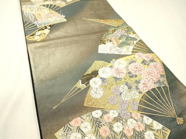 平和屋着物▼六通柄袋帯 唐織 扇面御所車花文 金銀糸 引箔 正絹 逸品 DABH7530fe
