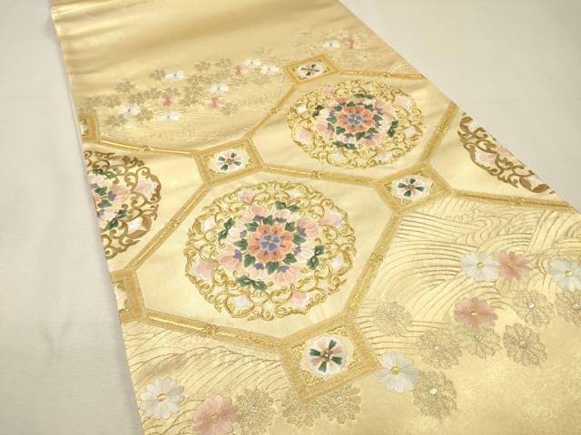 平和屋着物▼太鼓柄袋帯 総刺繍 蜀江正倉院花文 金糸 正絹 逸品 未使用 DABH7536fe