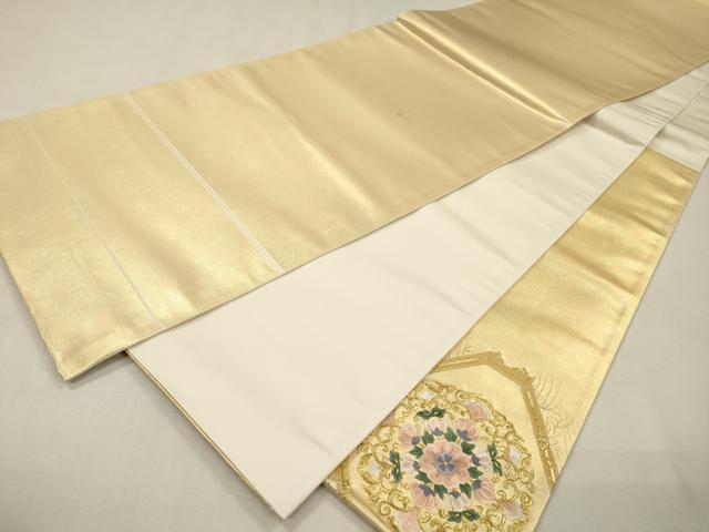 平和屋着物▼太鼓柄袋帯 総刺繍 蜀江正倉院花文 金糸 正絹 逸品 未使用 DABH7536fe