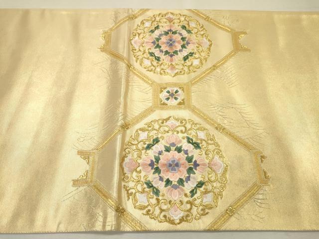 平和屋着物▼太鼓柄袋帯 総刺繍 蜀江正倉院花文 金糸 正絹 逸品 未使用 DABH7536fe