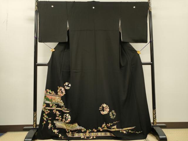 平和屋着物▼豪華黒留袖 鳳凰風景花丸文 金銀彩 正絹 逸品 DABH7568fe