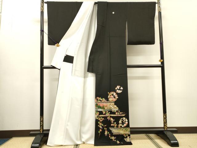 平和屋着物▼豪華黒留袖 鳳凰風景花丸文 金銀彩 正絹 逸品 DABH7568fe