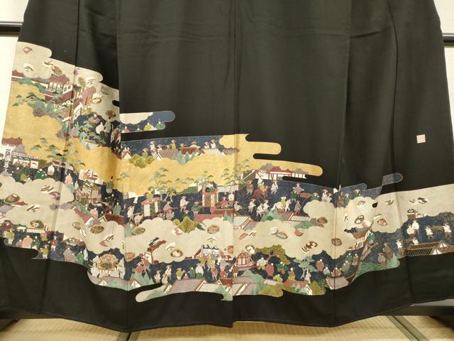 平和屋着物▼豪華黒留袖 作家物 刺繍 人物風景文 金銀彩 正絹 逸品 DABH7574fe
