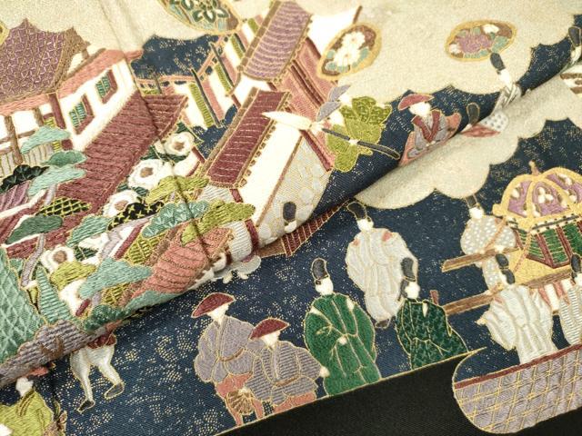 平和屋着物▼豪華黒留袖 作家物 刺繍 人物風景文 金銀彩 正絹 逸品 DABH7574fe