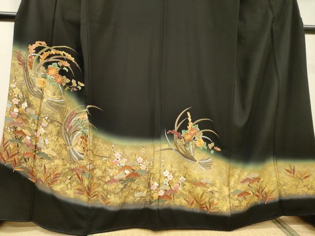 平和屋着物▼豪華黒留袖 駒刺繍 束ね熨斗花松文 暈し染 金彩 正絹 逸品 DABH7575fe