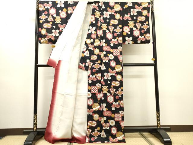 平和屋着物▼上質な小紋 亀甲雪輪舞蝶花文 金通し地 正絹 逸品 DABH7578fe