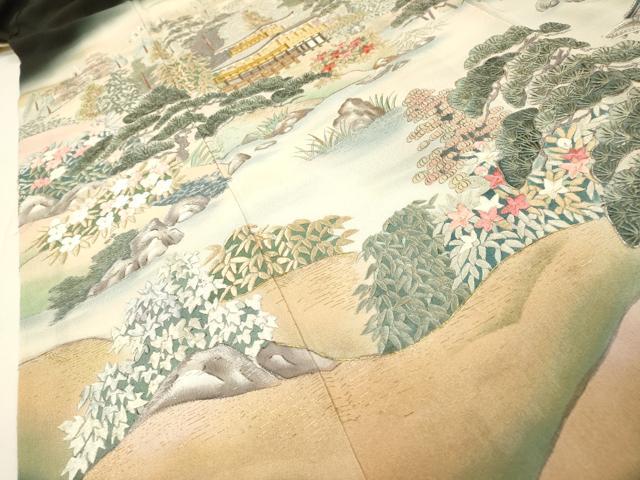 平和屋着物▼日展作家 寺島節朗 黒留袖 手描き 金閣寺 京風景 暈し染 金銀糸 正絹 逸品 DABH7589fe