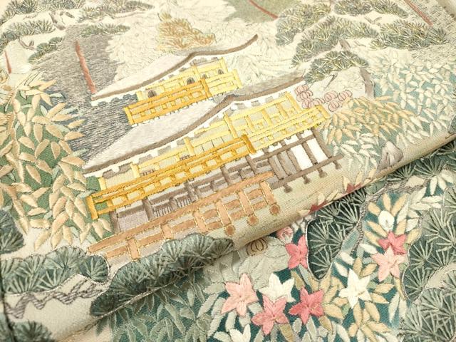 平和屋着物▼日展作家 寺島節朗 黒留袖 手描き 金閣寺 京風景 暈し染 金銀糸 正絹 逸品 DABH7589fe