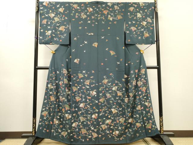 平和屋着物●訪問着 総刺繍 扇面飛鳥花文 金糸 正絹 逸品 DABH7606fe