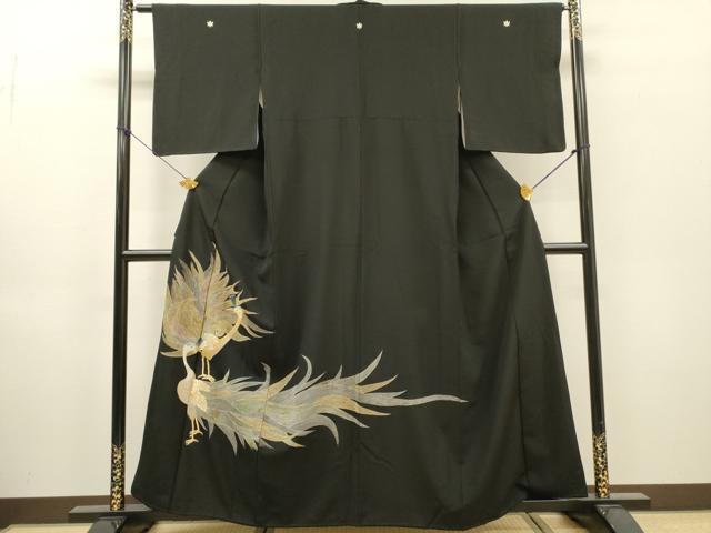 平和屋着物▼豪華黒留袖 総刺繍 孔雀 金銀糸 正絹 逸品 DABH7607fe