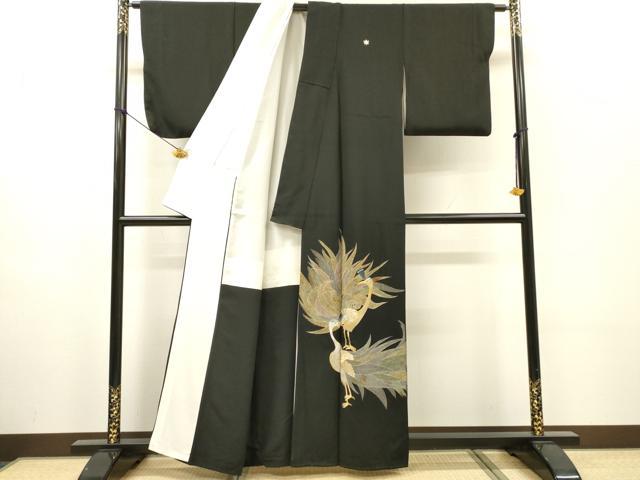 平和屋着物▼豪華黒留袖 総刺繍 孔雀 金銀糸 正絹 逸品 DABH7607fe