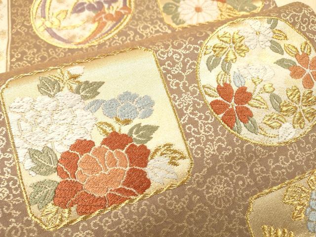 平和屋着物▼西陣 志都香織物謹製 六通柄袋帯 唐織 つづれ 色紙花丸文 金糸 正絹 逸品 DABH7644fe