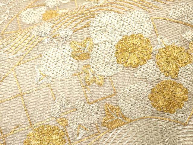平和屋着物*夏物 太鼓柄袋帯 絽刺し 区限刺繍 総刺繍 駒刺繍 流水地紙花文 金銀糸 正絹 逸品 DABH7646fe