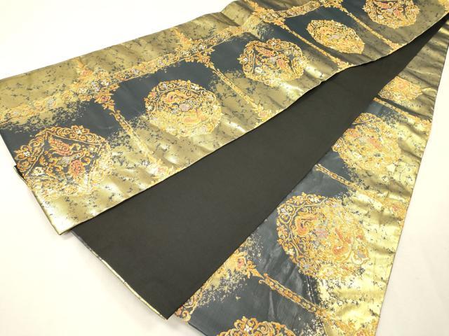 平和屋着物▼六通柄袋帯 向かい鳥花絵皿文 金糸 正絹 逸品 DABH7670fe