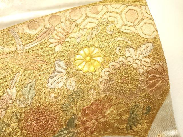 平和屋着物▼両面 中国三大刺繍 スワトウ刺繍 汕頭刺繍 太鼓柄袋帯 螺鈿 駒刺繍 地紙鳳凰花文 金彩 引箔 正絹 逸品 DABH7672fe
