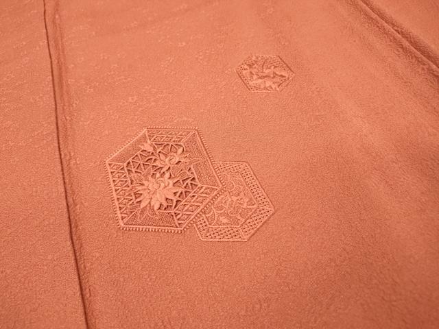 平和屋着物▼中国三大刺繍 スワトウ刺繍 汕頭刺繍 総刺繍 無地絵羽訪問着 亀甲花文 銀朱色 正絹 逸品 DABH7712fe