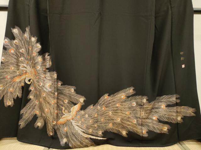 平和屋着物▼ちぎり絵女流作家 谷口妙絵 黒留袖 孔雀 金彩 正絹 逸品 DABH7721fe
