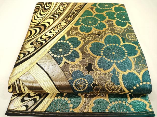 平和屋着物▼両面 全通柄袋帯 流水舞桜 金糸 正絹 逸品 DABH7740fe