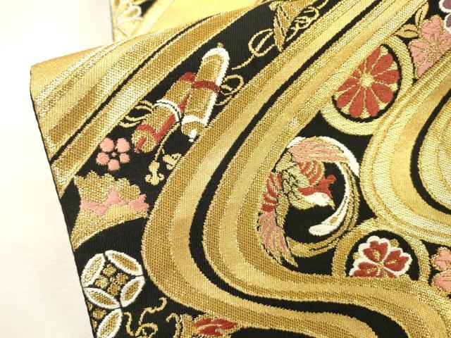 平和屋着物▼六通柄袋帯 唐織 流水宝尽くし花鳥文 金糸 正絹 逸品 DABH7746fe