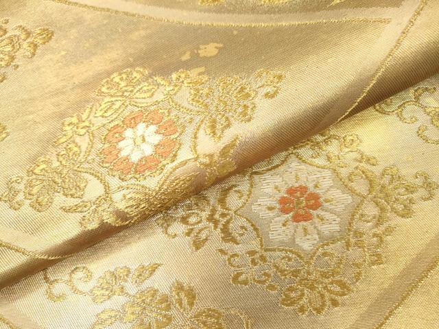 平和屋着物▼六通柄袋帯 向かい鳥花唐草菱文 金糸 引箔 正絹 逸品 DABH7749fe