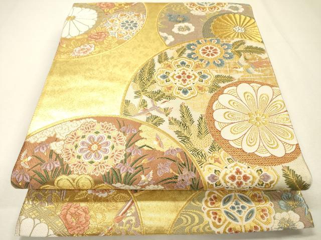 平和屋着物▼六通柄袋帯 唐織 正倉院花鳥絵皿文 金糸 引箔 正絹 逸品 未使用 DABH7762fe