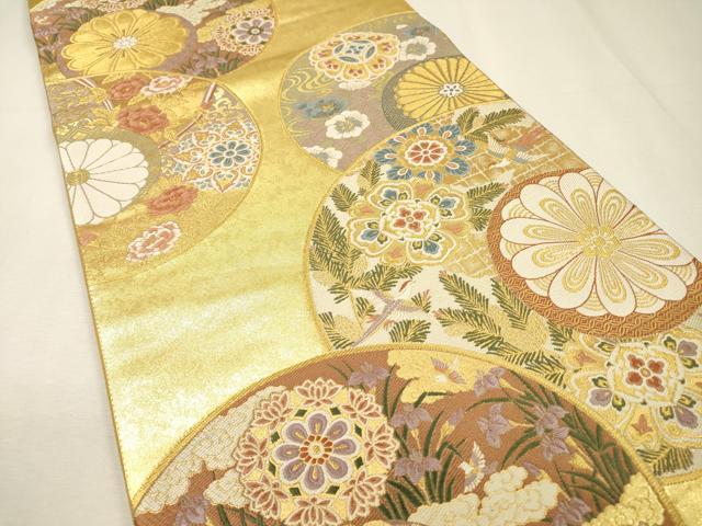 平和屋着物▼六通柄袋帯 唐織 正倉院花鳥絵皿文 金糸 引箔 正絹 逸品 未使用 DABH7762fe