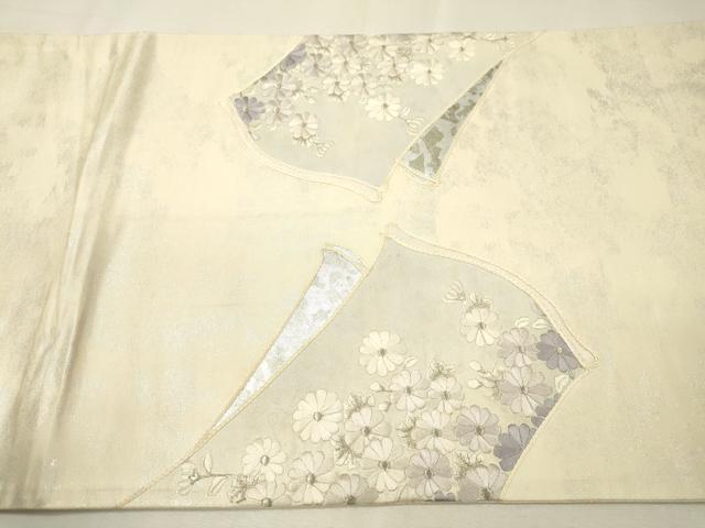 平和屋着物▼太鼓柄袋帯 刺繍 草花 銀彩 正絹 逸品 DABH7808fe