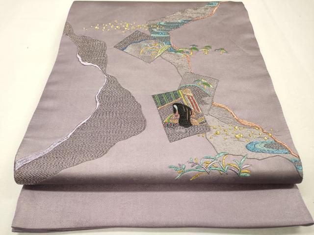 平和屋着物▼太鼓柄袋帯 総刺繍 道長女人文 金銀糸 引箔 正絹 逸品 DABH7811fe