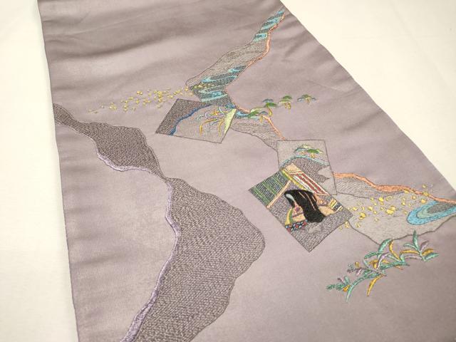 平和屋着物▼太鼓柄袋帯 総刺繍 道長女人文 金銀糸 引箔 正絹 逸品 DABH7811fe