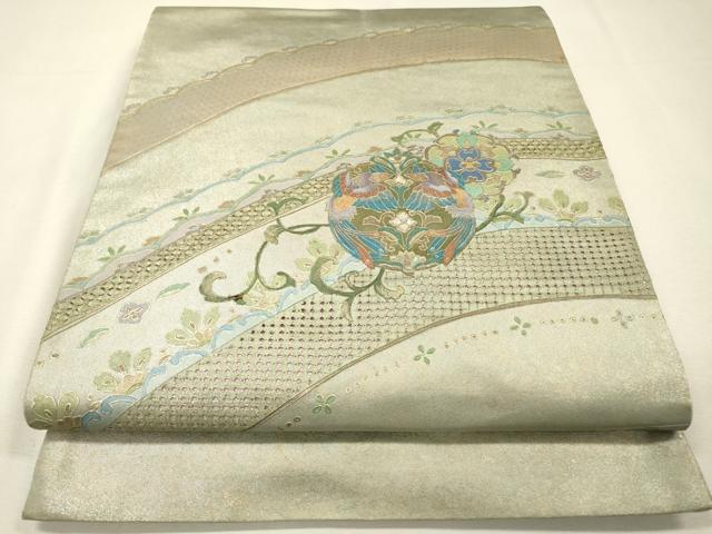 平和屋着物▼中国三大刺繍 スワトウ刺繍 汕頭刺繍 太鼓柄袋帯 螺鈿 向かい鳥花丸文 銀彩 引箔 正絹 逸品 DABH7812fe