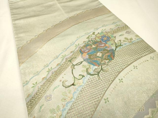 平和屋着物▼中国三大刺繍 スワトウ刺繍 汕頭刺繍 太鼓柄袋帯 螺鈿 向かい鳥花丸文 銀彩 引箔 正絹 逸品 DABH7812fe