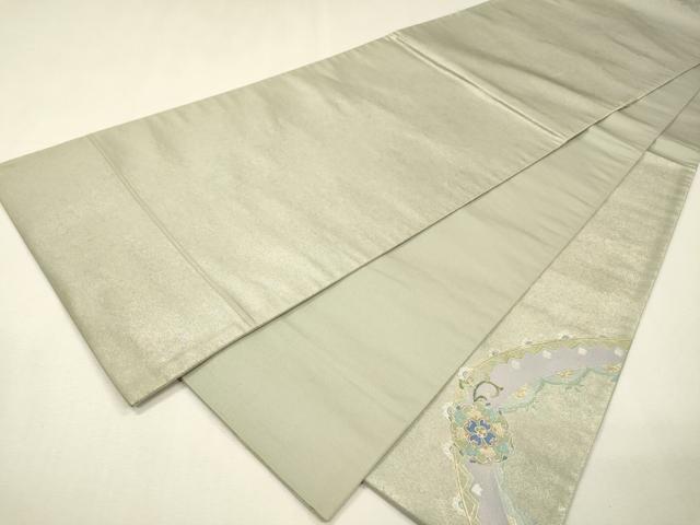 平和屋着物▼中国三大刺繍 スワトウ刺繍 汕頭刺繍 太鼓柄袋帯 螺鈿 向かい鳥花丸文 銀彩 引箔 正絹 逸品 DABH7812fe