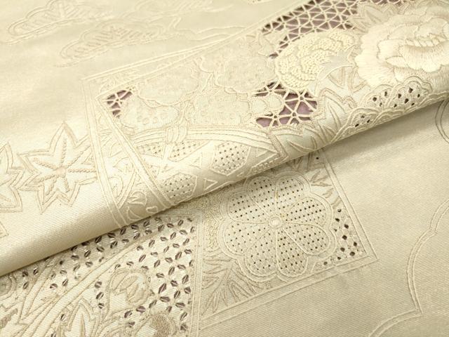 平和屋着物▼中国三大刺繍 スワトウ刺繍 汕頭刺繍 相良刺繍 総刺繍 太鼓柄袋帯 色紙嘉重ね花文 銀糸 正絹 逸品 DABH7831fe