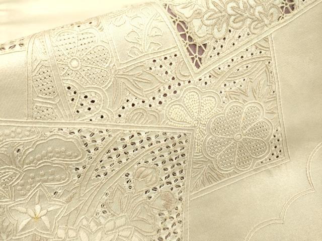 平和屋着物▼中国三大刺繍 スワトウ刺繍 汕頭刺繍 相良刺繍 総刺繍 太鼓柄袋帯 色紙嘉重ね花文 銀糸 正絹 逸品 DABH7831fe