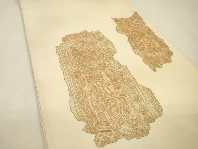 平和屋着物▼中国三大刺繍 スワトウ刺繍 汕頭刺繍 総刺繍 太鼓柄袋帯 花鳥文 金彩 正絹 逸品 未使用 DABH7847fe