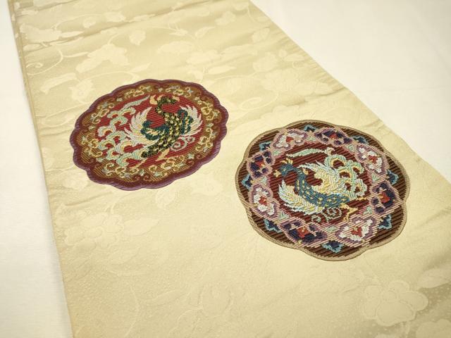 平和屋着物▼絽刺し 区限刺繍 太鼓柄袋帯 鳳凰花絵皿文 金糸 正絹 逸品 DABH7886fe