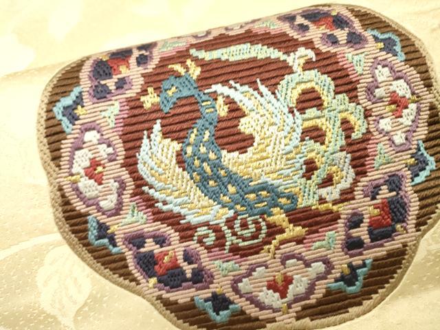 平和屋着物▼絽刺し 区限刺繍 太鼓柄袋帯 鳳凰花絵皿文 金糸 正絹 逸品 DABH7886fe