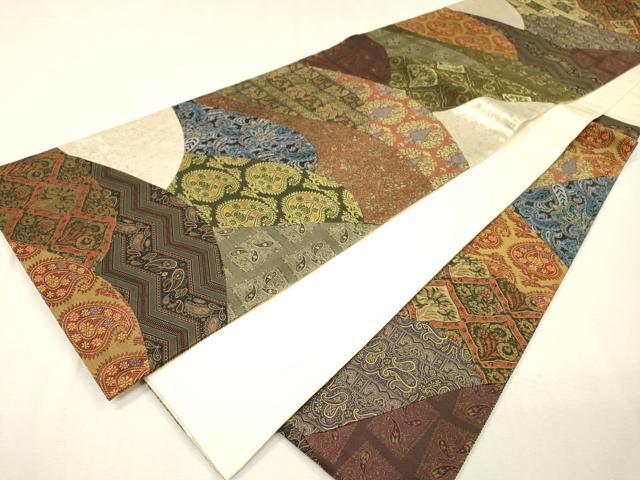 平和屋着物▼六通柄袋帯 切嵌 ペイズリー柄 草花 金糸 引箔 正絹 逸品 DABH7910fe