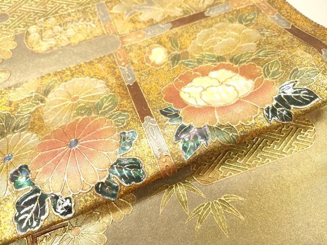 平和屋着物▼太鼓柄袋帯 格子花文 陶漆箔 金彩 引箔 正絹 逸品 DABH7989fe