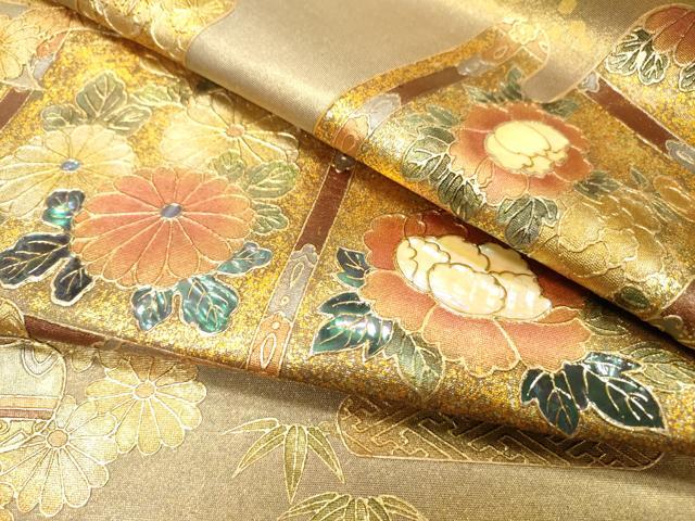 平和屋着物▼太鼓柄袋帯 格子花文 陶漆箔 金彩 引箔 正絹 逸品 DABH7989fe