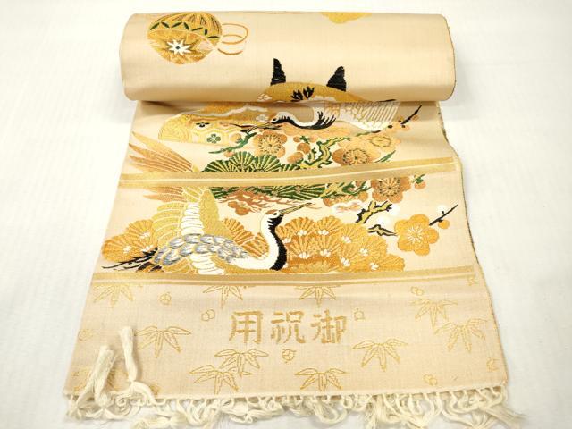 平和屋着物▼アンティーク・大正ロマン 丸帯 帯反物 飛鶴花松 糸巻毬文 金糸 逸品 未使用 DABH8065zy