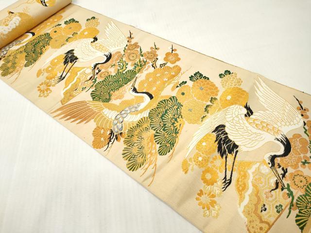平和屋着物▼アンティーク・大正ロマン 丸帯 帯反物 飛鶴花松 糸巻毬文 金糸 逸品 未使用 DABH8065zy